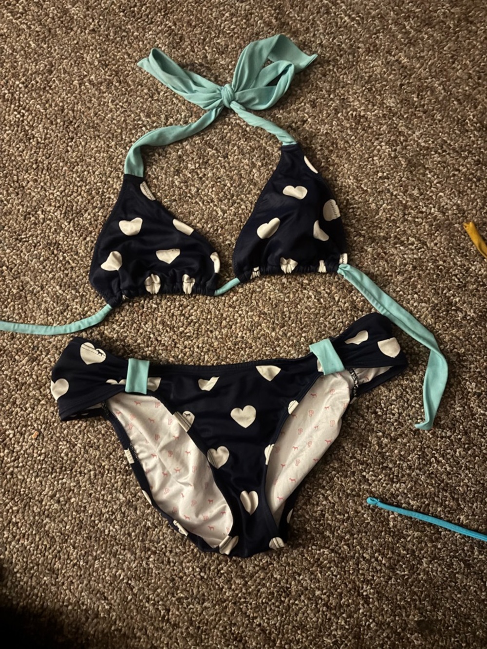 PINK Victoria's Secret Navy Blue & Mint Heart Print Bikini